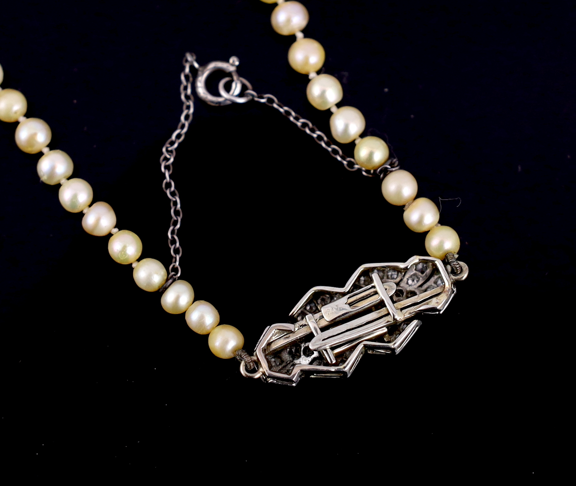 An Edwardian single strand graduated natural saltwater pearl necklace, with gold, platinum and diamond cluster set clasp, with safety chain
